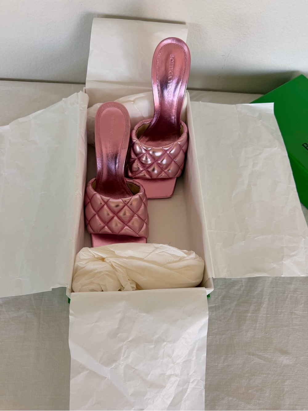 Bottega Veneta Metallic Pink Quilted Leather Slide Sandals